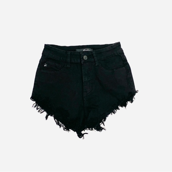 KanCan Black Distressed Raw Hem Denim Shorts - Picture 1 of 5